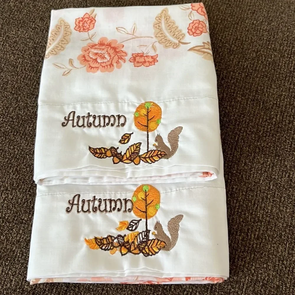 Set 2 Custom Autumn Embroidered White with Red/Brown Floral Accent Pillowcases